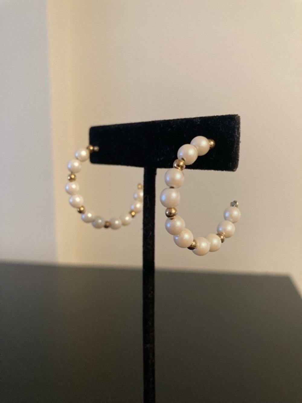 Pearl and Gold Bead Hoop Earrings - White Pearls